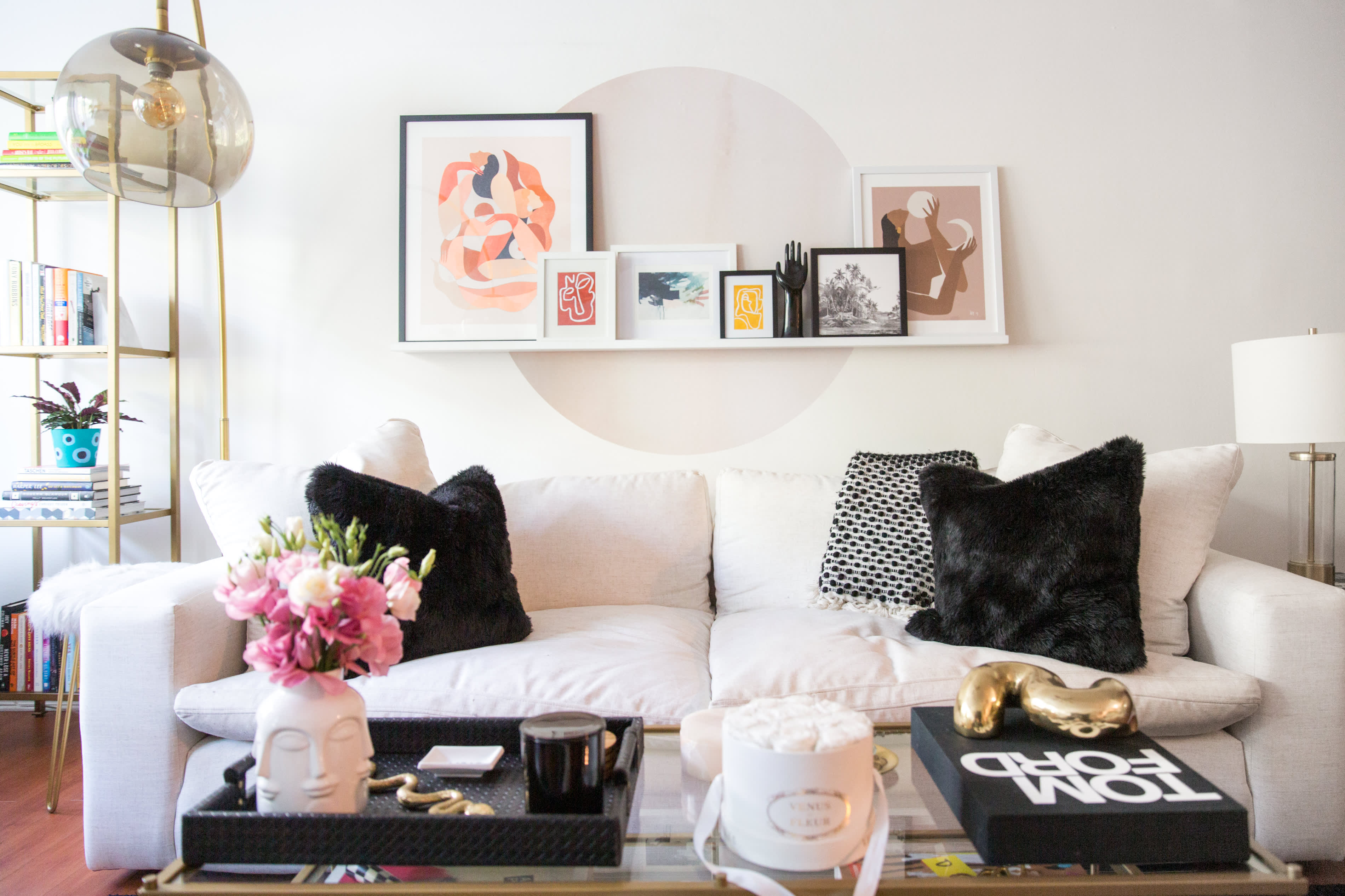 Black sofa outlet with white cushions